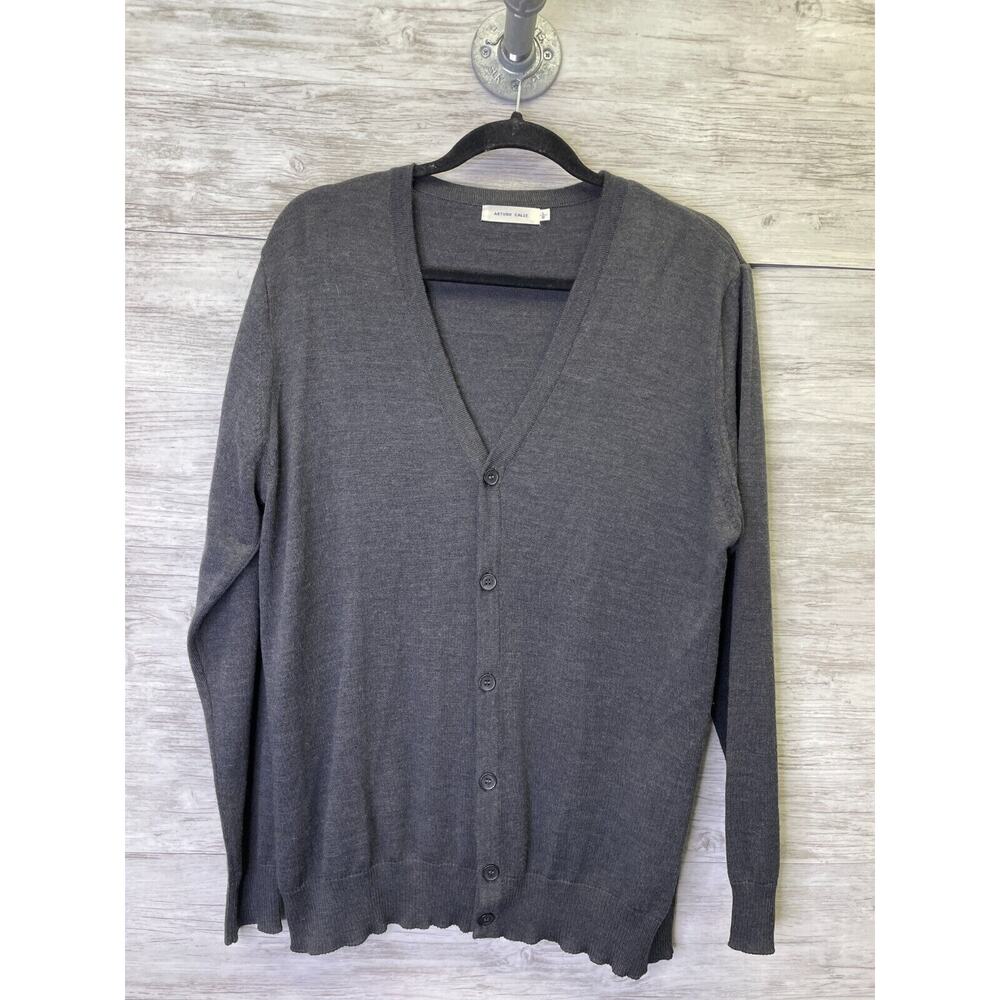 Arturo Calle Sweater Mens Large Gray V Neck Cardigan Long‎ Sleeve Merino Wool